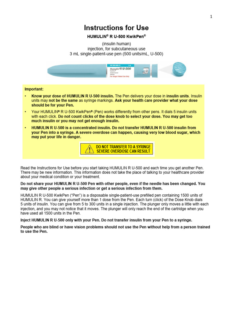 Humulin R U500 Kwikpen Us Ifu | PDF | Syringe | Injection (Medicine)