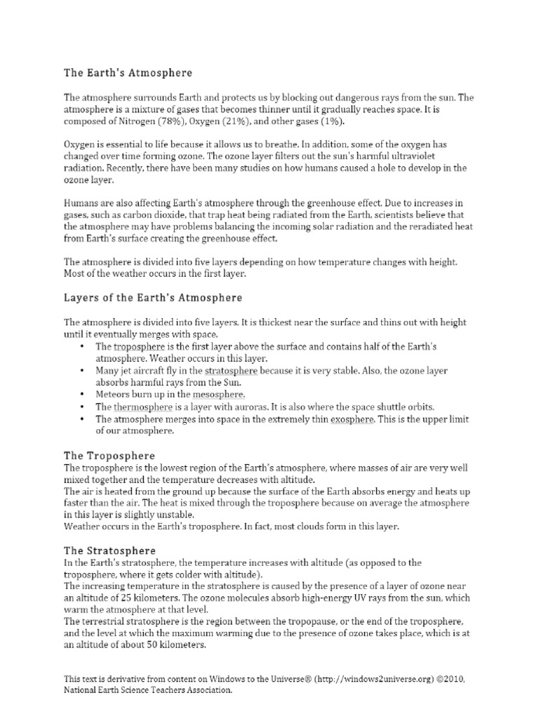 Layers of The Earth's Atmosphere Worksheet Includes Background Info ...