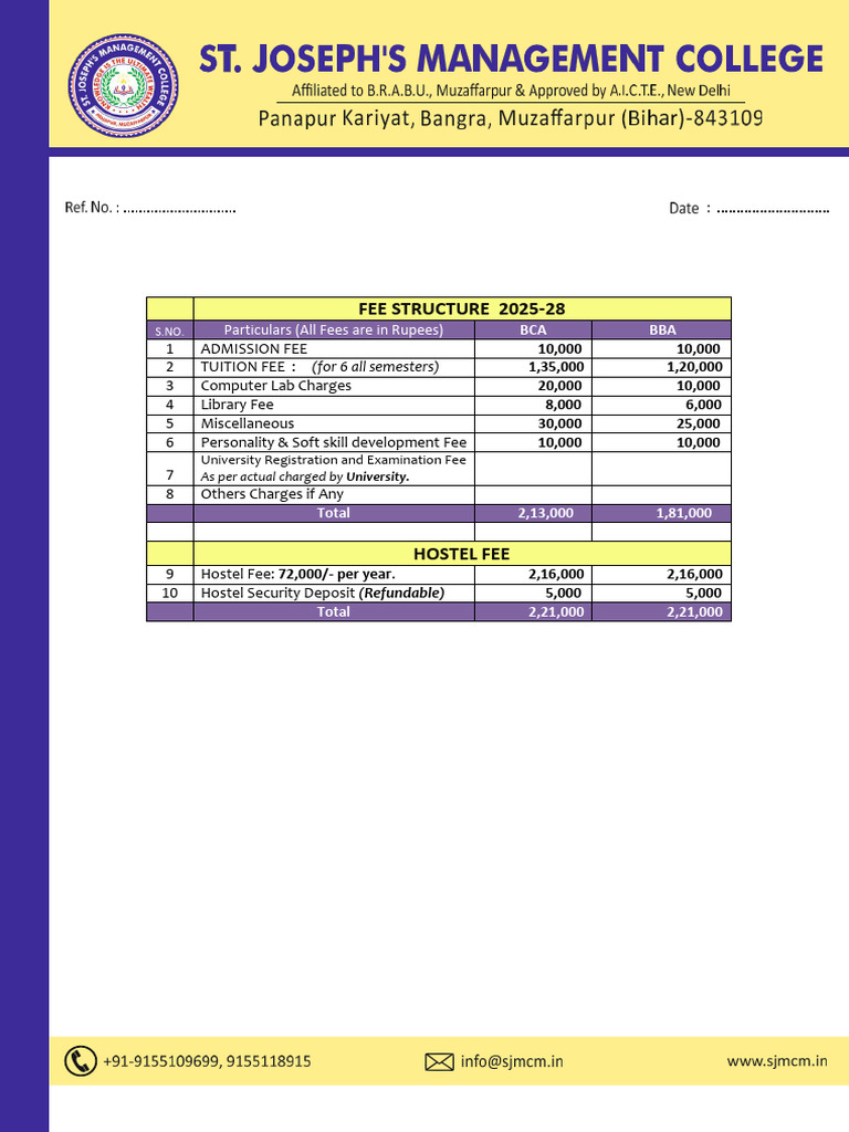 Fee Structure for BCA and BBA 2025-28 | PDF