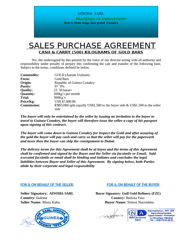 Gold Purchase Agreement: 500kg Bars | PDF