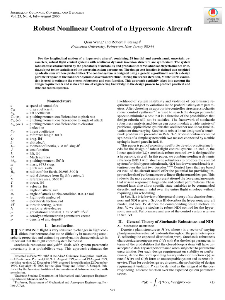 Wang Stengel 2012 Robust Nonlinear Control of A Hypersonic Aircraft ...