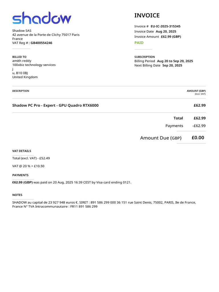 Shadow PC Pro Invoice - Aug 2025 | PDF