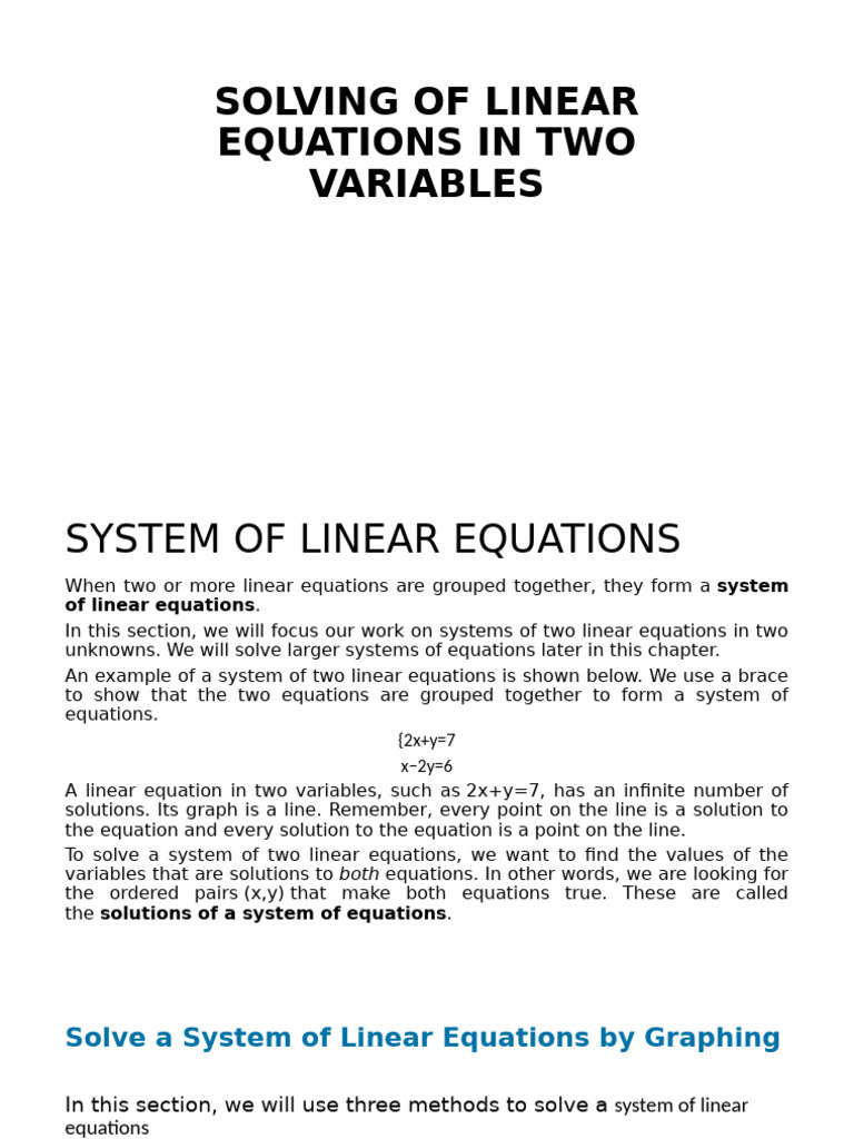 Solving Linear Equations in Two Variables | PDF | Equations | System Of ...