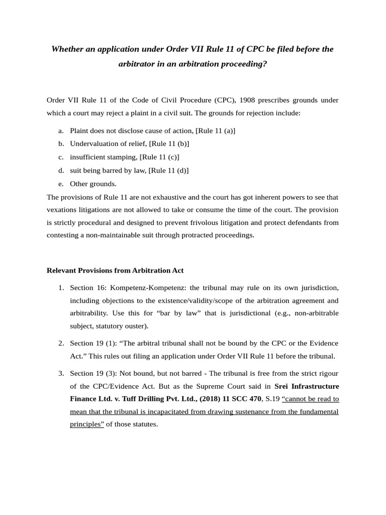 Order VII Rule 11 CPC in Arbitration | PDF | Arbitration | Arbitral ...
