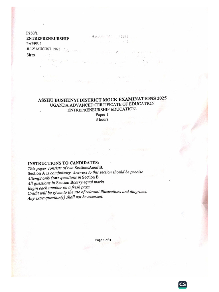 Ent1 Asshu Mock Bushenyi | PDF