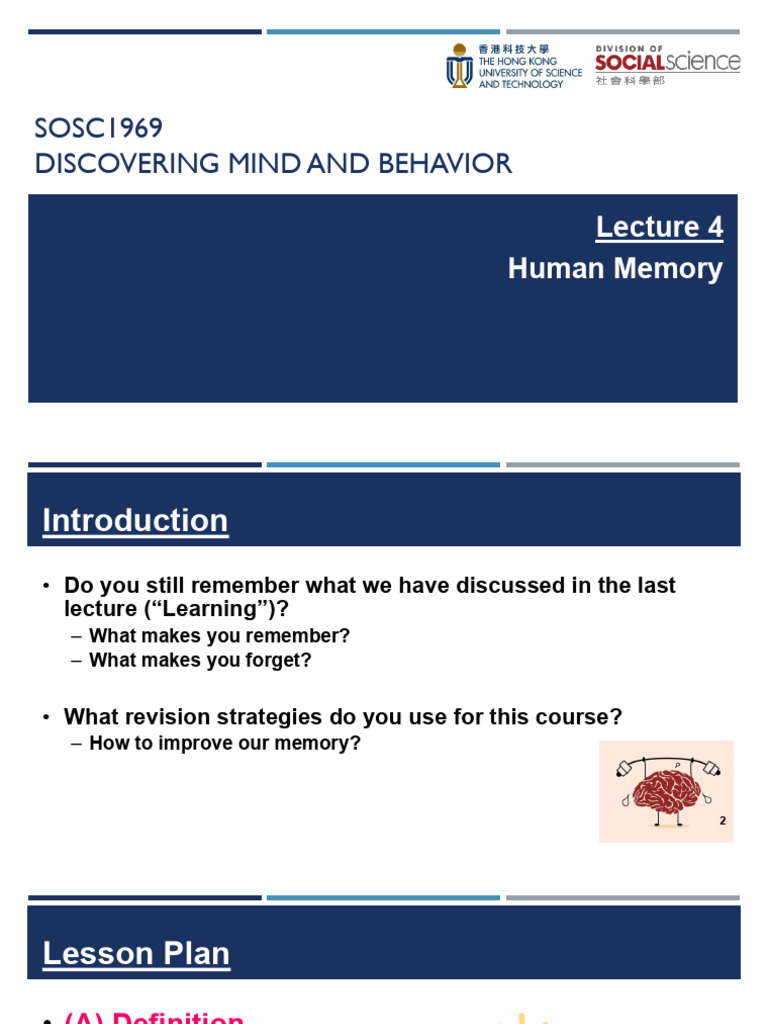 Lecture 4 (Human Memory) - S | PDF | Recall (Memory) | Long Term Memory