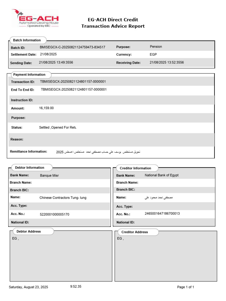 EG-ACH Direct Credit Transaction Report | PDF
