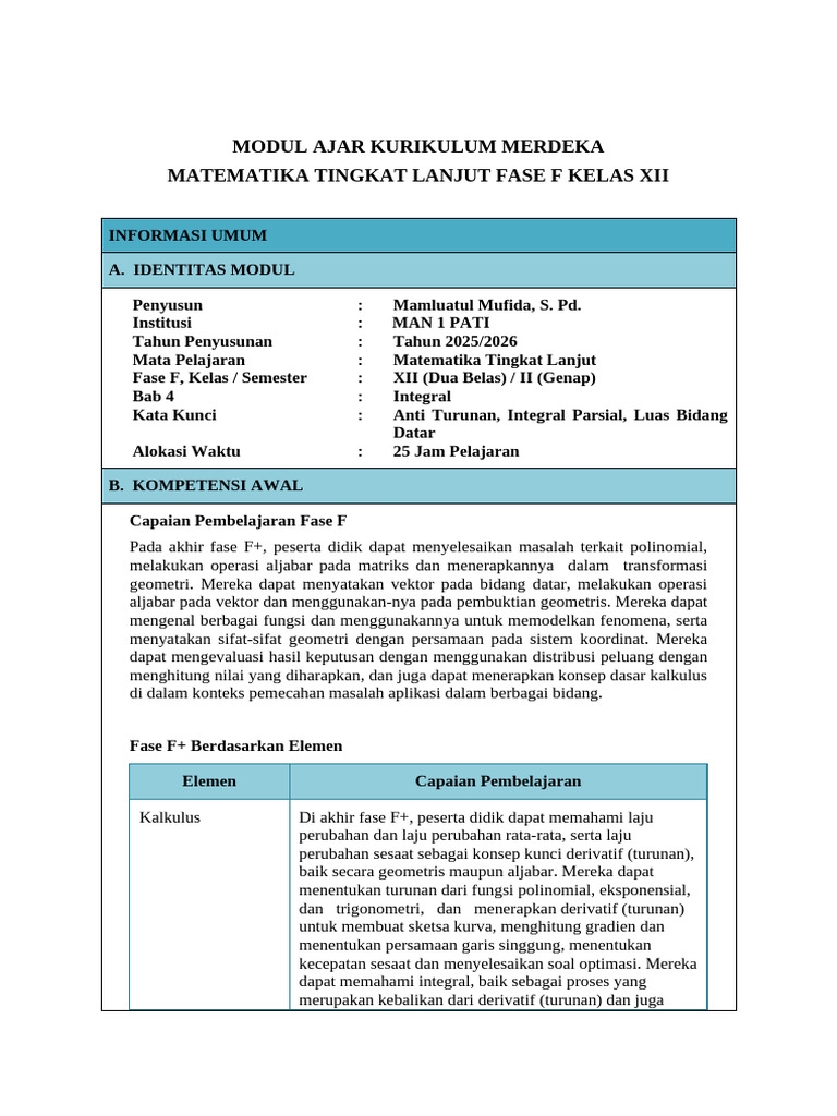 Modul Ajar Integral Matematika Kelas XII | PDF