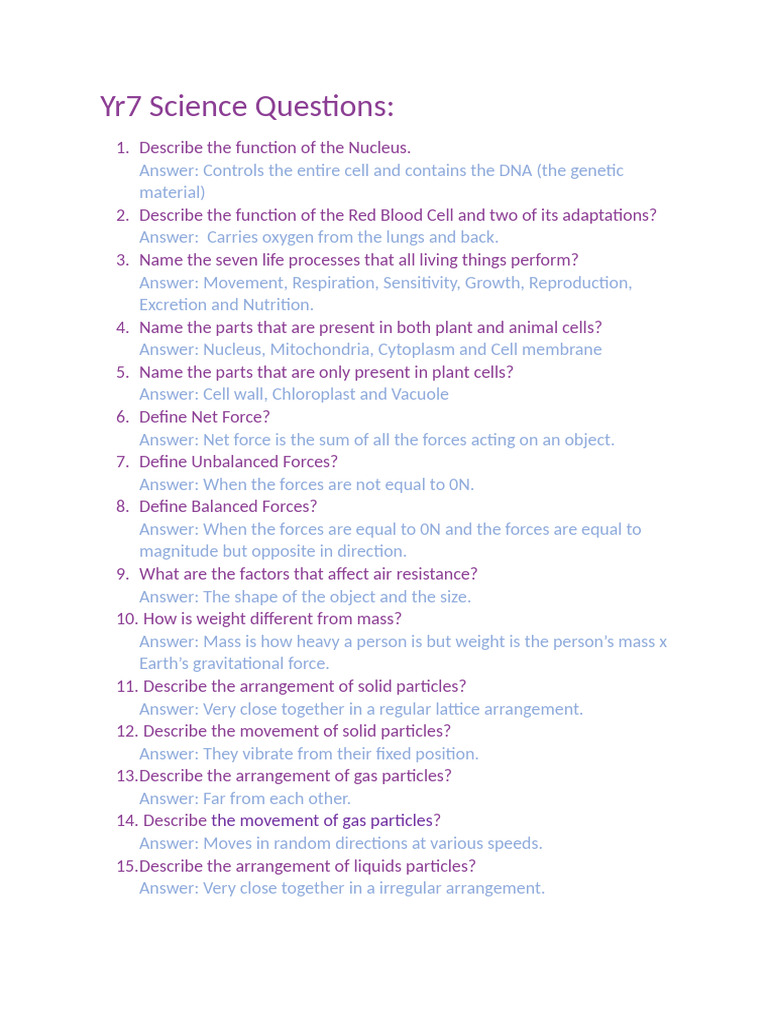 Year 7 Science Questions and Answers | PDF