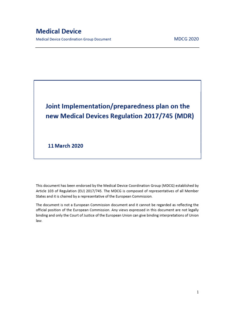Joint MDR Implementation Plan 2020 | PDF | Medical Device