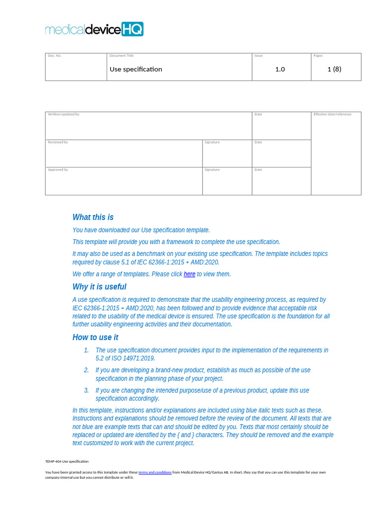 Use Specification Template for Medical Devices | PDF | Usability