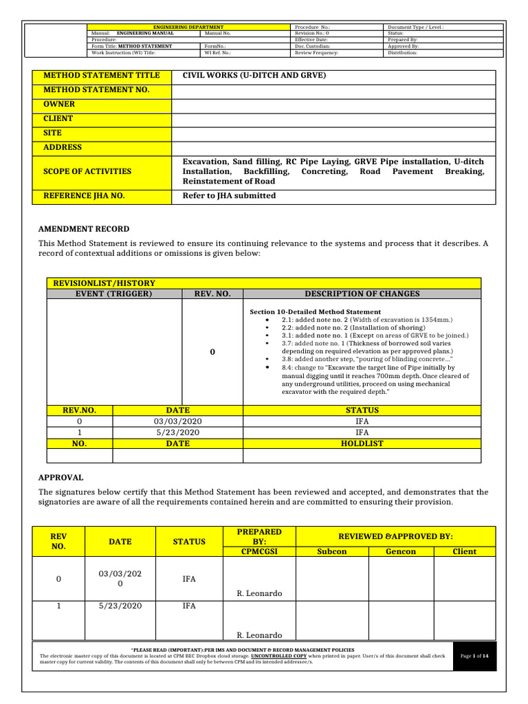Civil Works Method Statement Guide | PDF | Concrete | Precast Concrete
