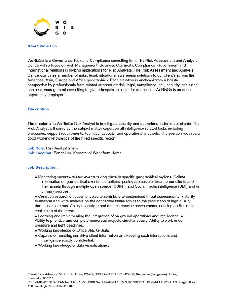 WoRisGo Risk Analyst Internship Opportunity | PDF | Risk Management | Risk