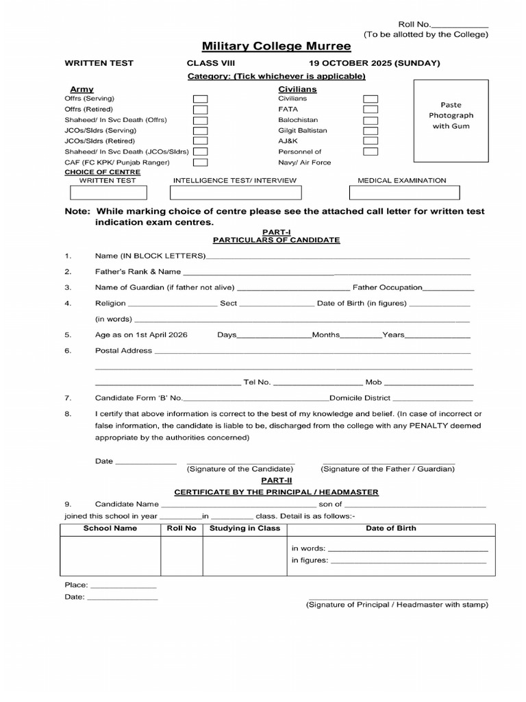 Admission Form CL VIII Entry 2026 | PDF
