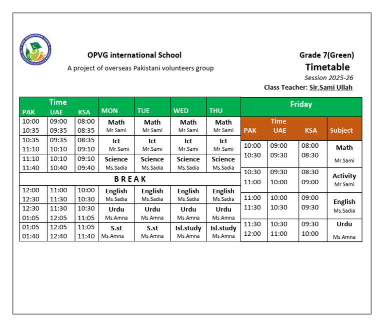 Grade 7 Timetable 2025-26 | PDF