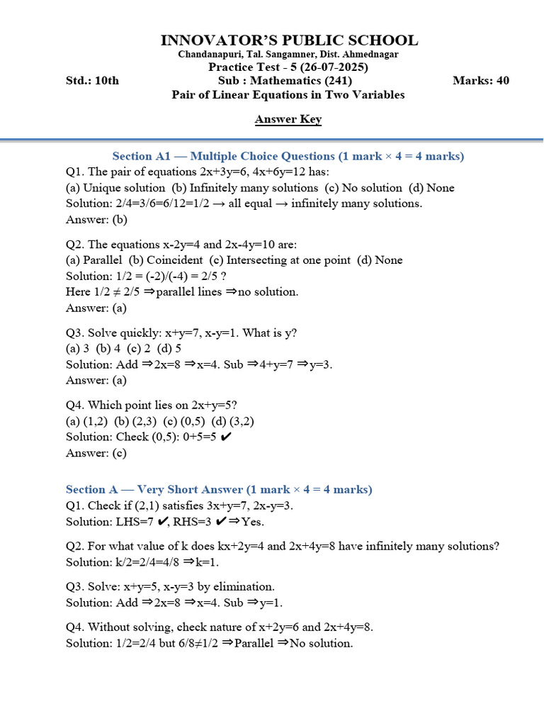 10th Grade Math Practice Test Solutions | PDF | Equations | Elementary ...