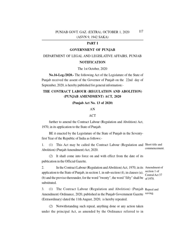 Punjab Contract Labour Amendment Act 2020 | PDF | Political Law ...