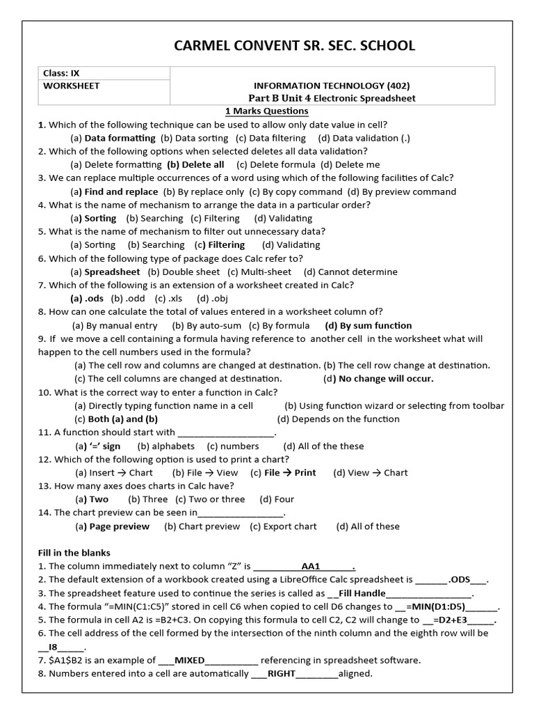 CLASS IX - IT - WORKSHEET PART B-UNIT 4 - Electronic Spreadsheet ...