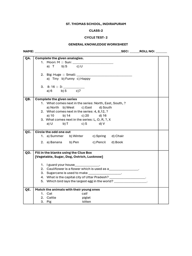 Cycle Test2 G.K Worksheet | PDF