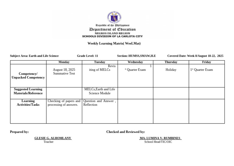 Weekly Learning Matrix August 18 | PDF