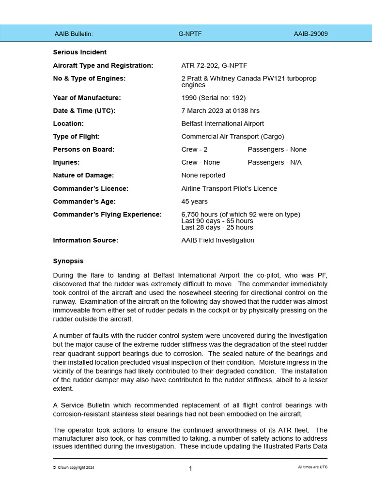 G-NPTF Rudder Control Incident Report | PDF | Corrosion | Flight Recorder