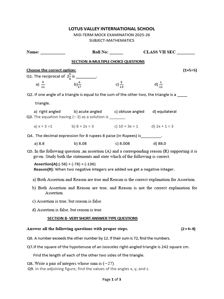 Class 7 Mid-Term Maths Mock Exam 2025 | PDF | Elementary Geometry ...