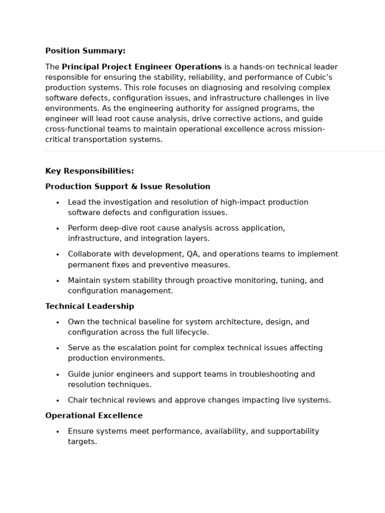 Principal Project Engineer Operations Role | PDF | Systems Engineering ...