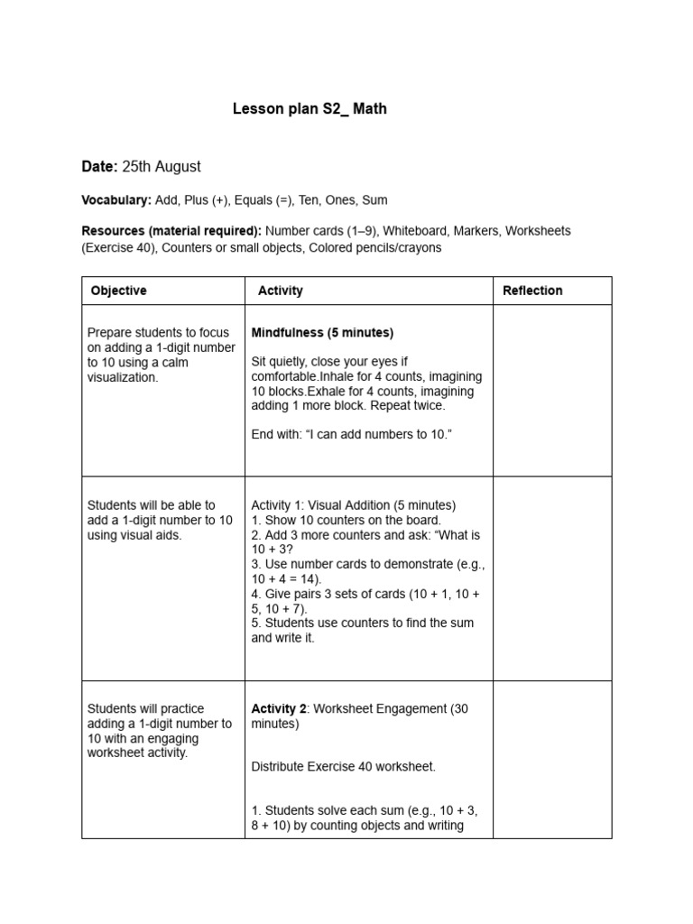 1-Digit Addition Lesson Plan | PDF