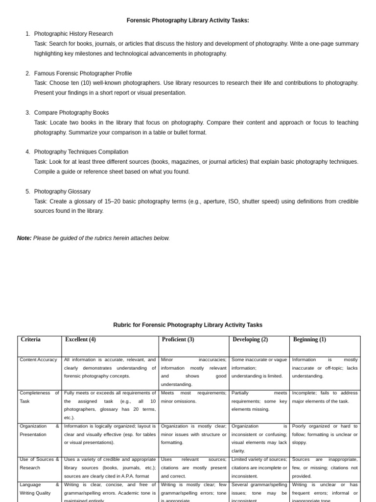 Forensic Photography Library Tasks Guide | PDF | Citation | Libraries