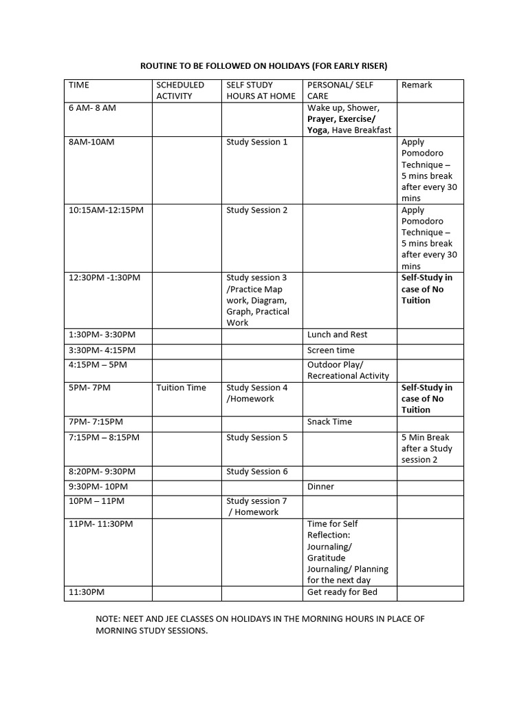 Holiday Routine for Early Risers | PDF | Meal | Eating Behaviors Of Humans
