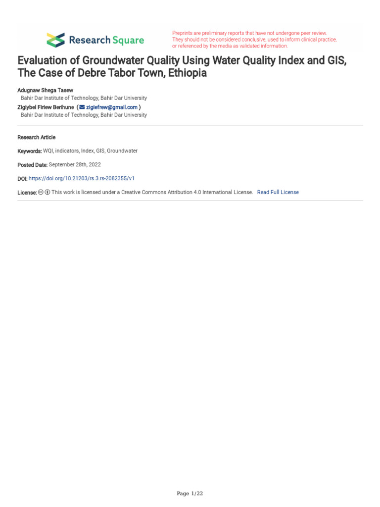 Evaluation of Groundwater Quality Using Water Quality Index and GIS ...