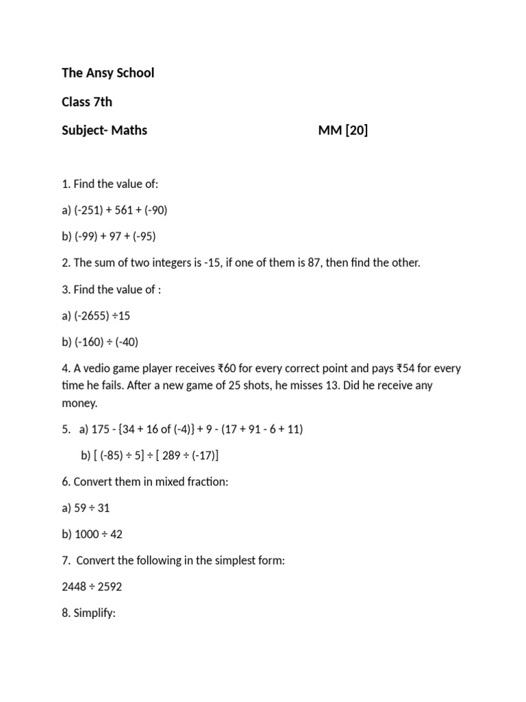 Class 7 Maths Practice Questions | PDF