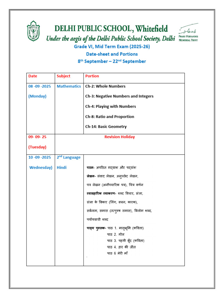 2025 Class 6 Mid Term Date Sheet | PDF | Verb | Subject (Grammar)