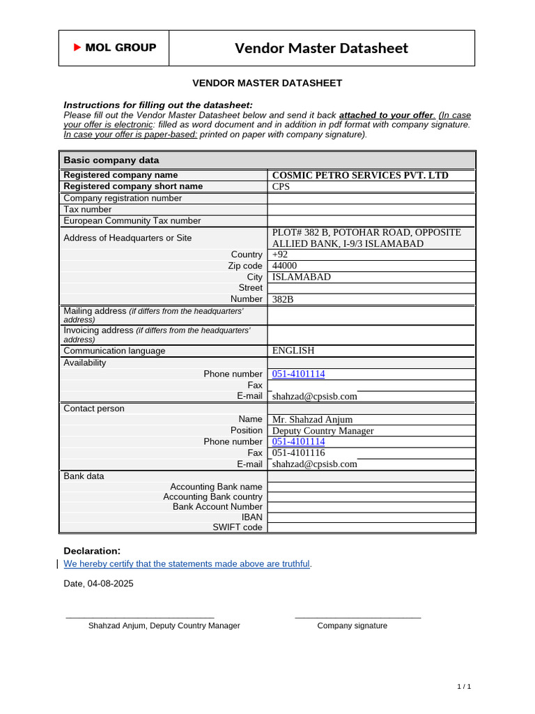 Vendor Master Datasheet Instructions | PDF