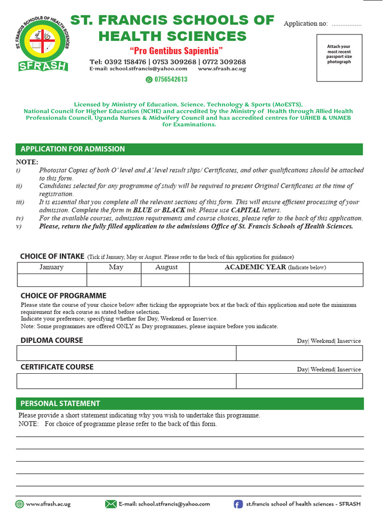 St. Francis Health Sciences Admission Form | PDF