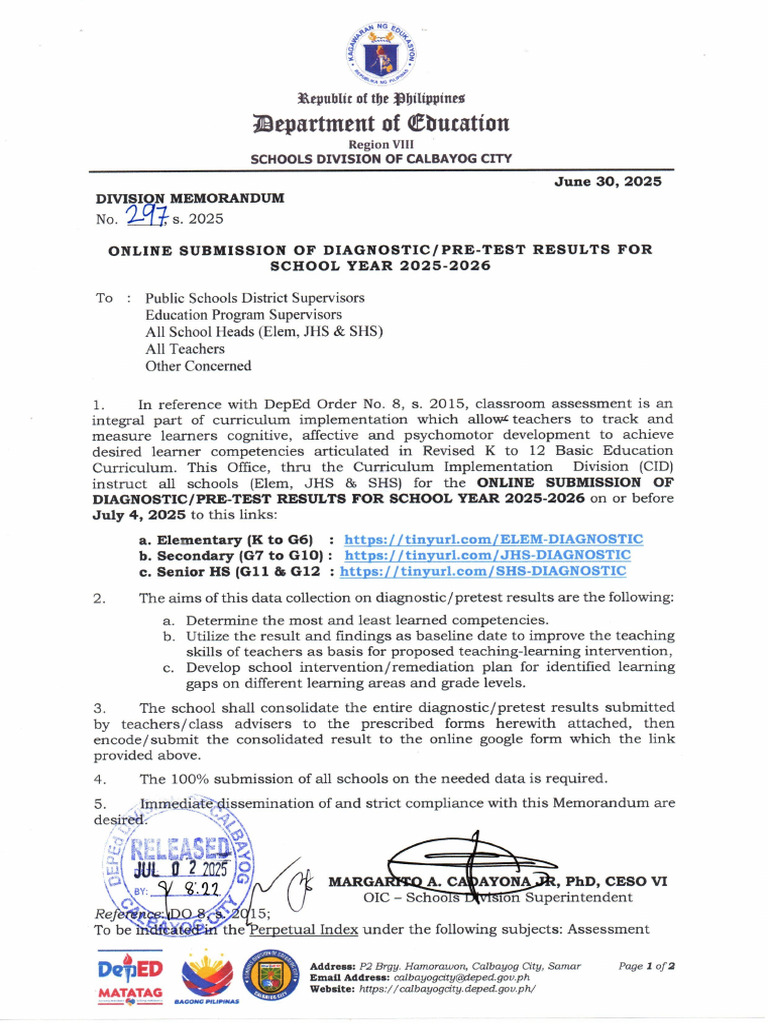 Pre Test Template DM No. 297 S. 2025 | PDF