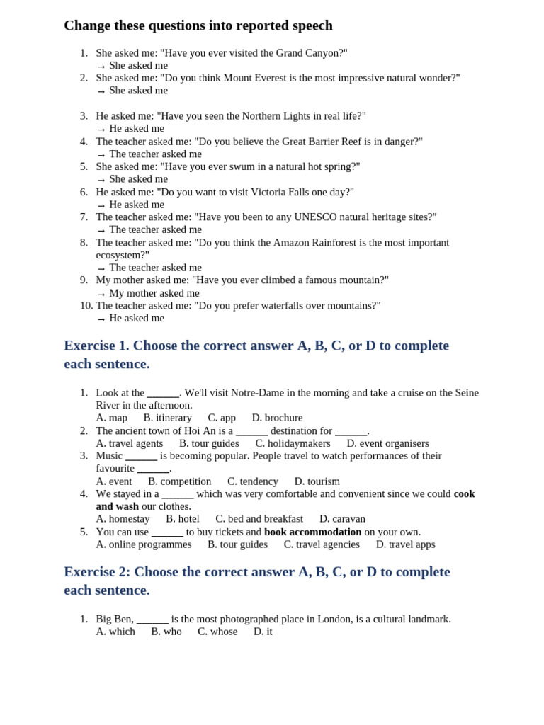 Reported Speech and Language Exercises | PDF | English Language | Tourism