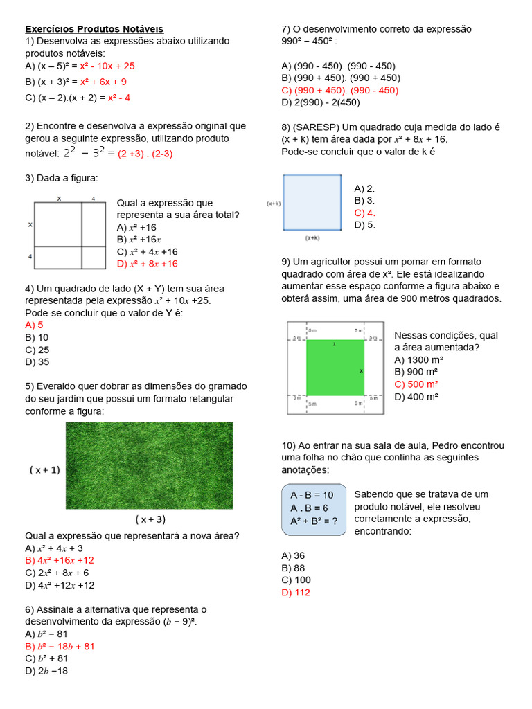 Exercícios Produtos Notáveis - Gabarito | PDF