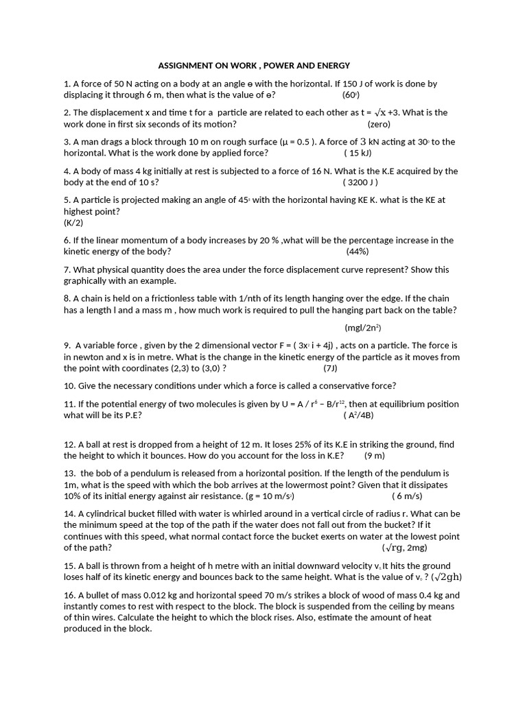 Work, Power, and Energy Problems | PDF | Force | Collision