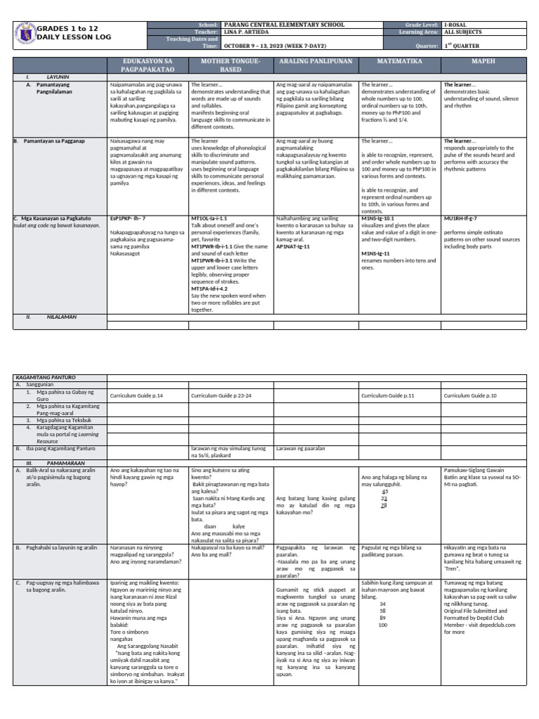 DLL All Subjects 1 q1 w7 d2 | PDF