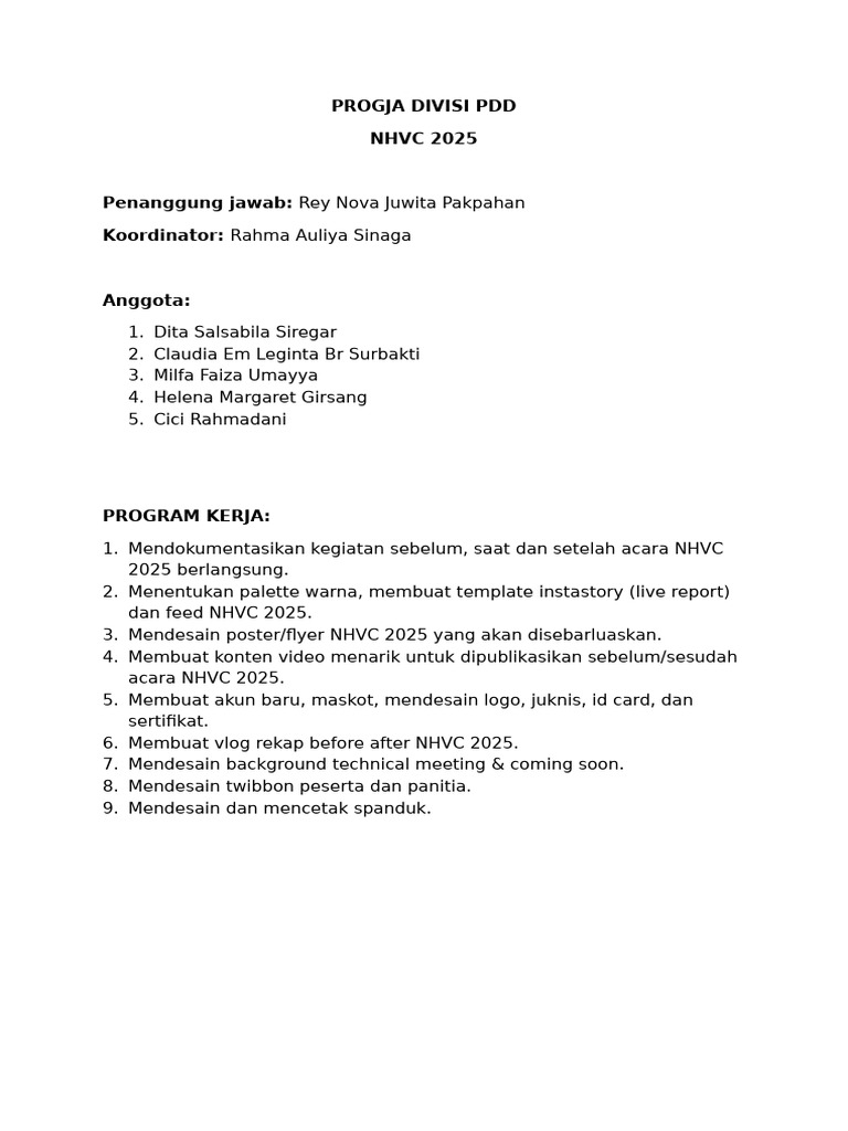 Program Kerja NHVC 2025 Divisi PDD | PDF