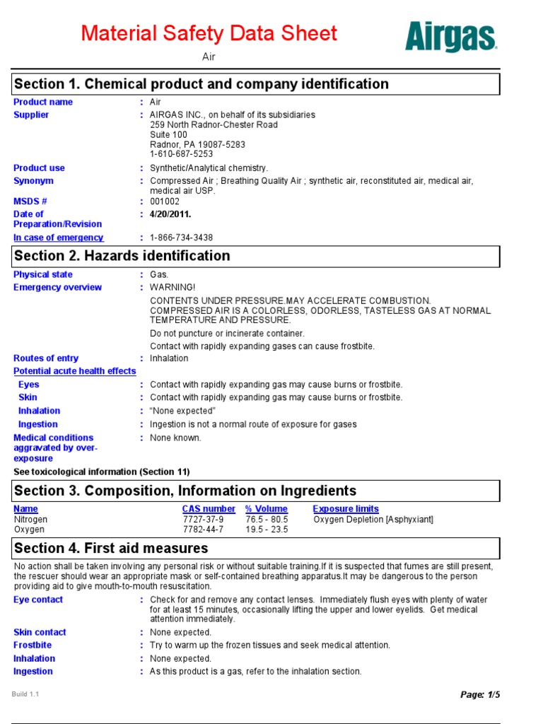 Compressed Air Gas Msds PDF Dangerous Goods Oxygen