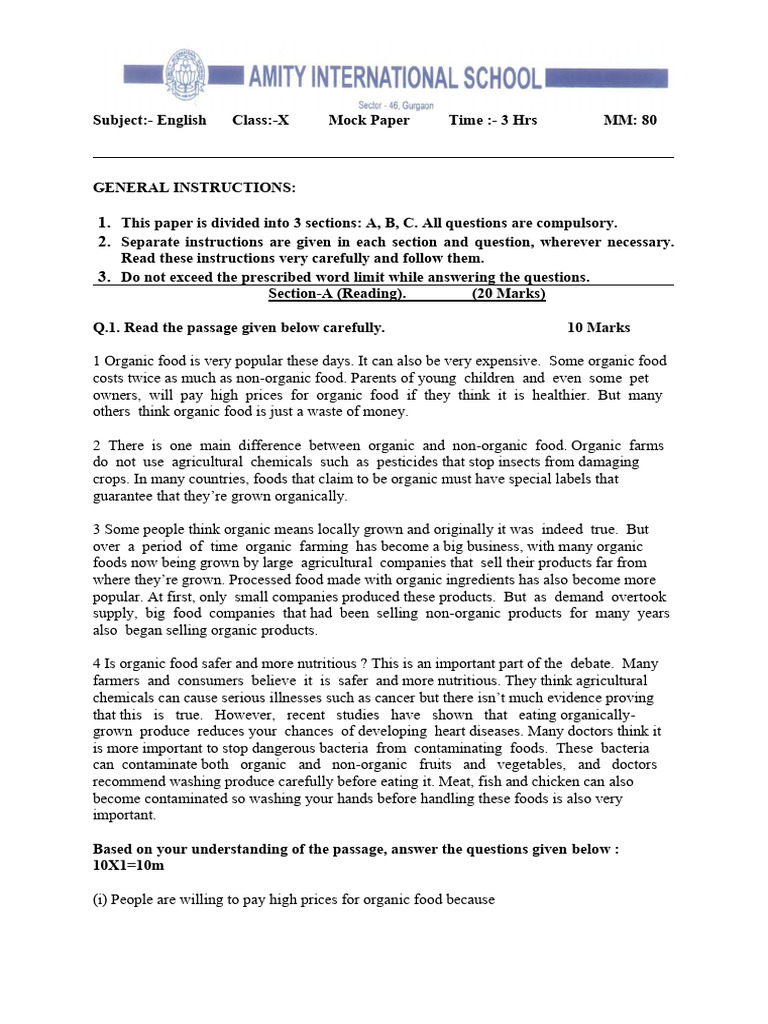 Class X English Mock Paper 2023 | PDF | Organic Foods