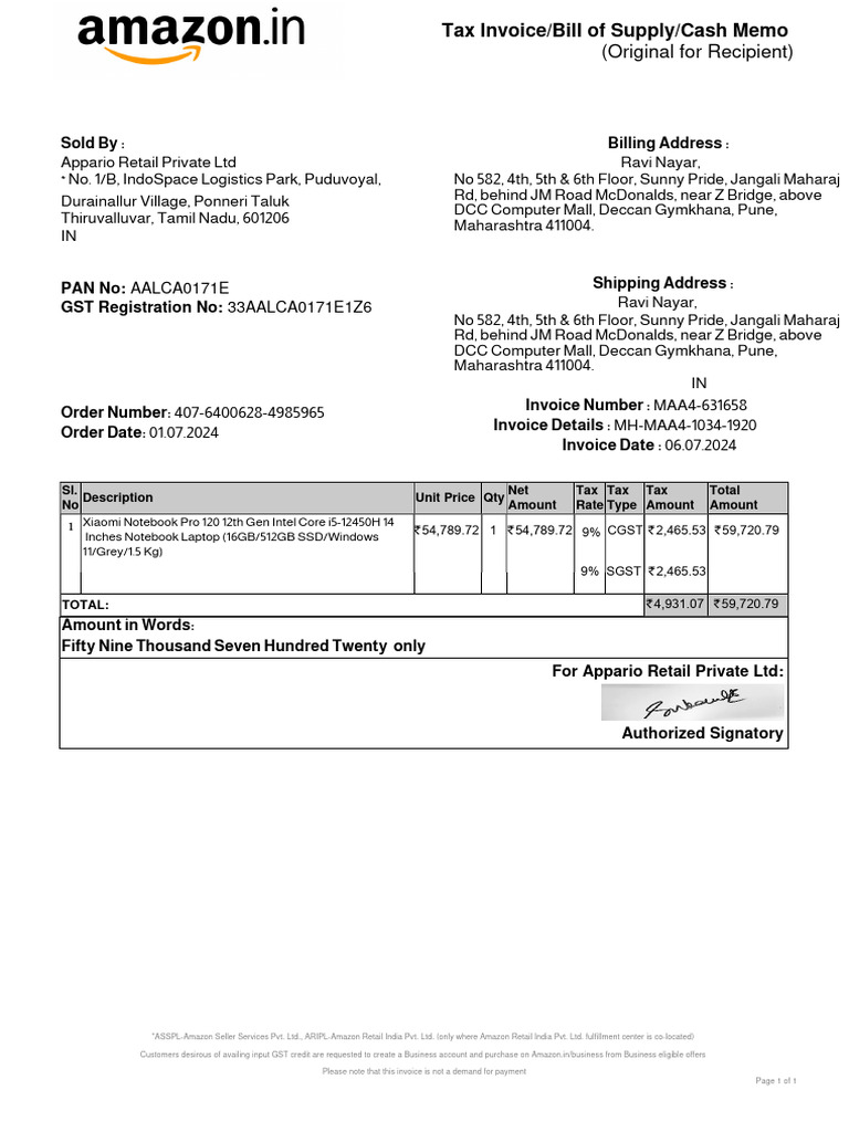 Tax Invoice for Xiaomi Notebook Purchase | PDF | Invoice | Payments