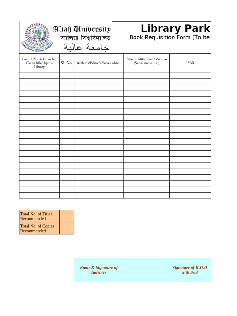 Library Park Circus: Book Requisition Form (To Be Filled in Capital ...