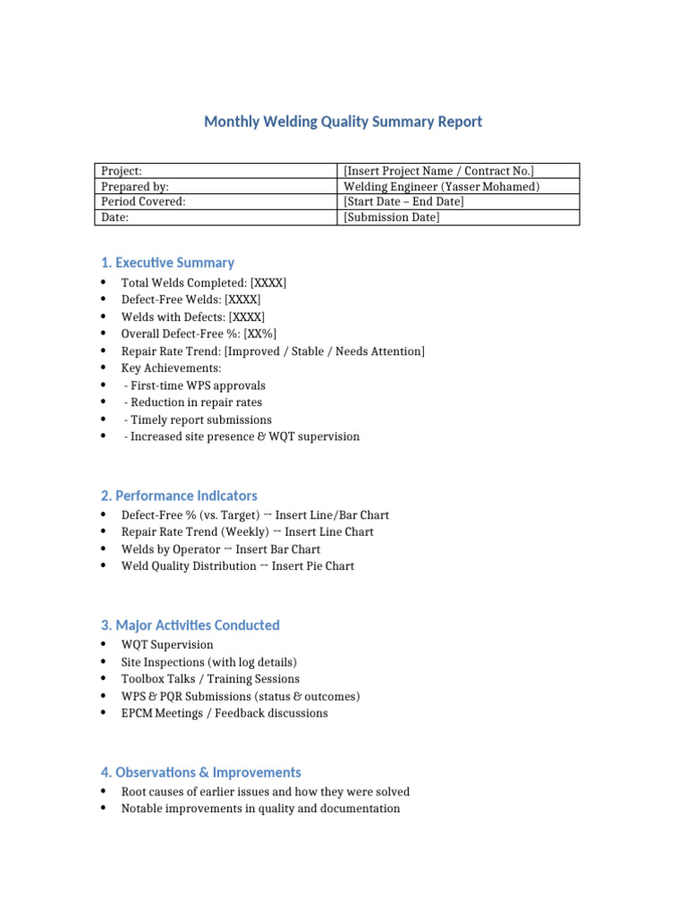 Monthly Welding Quality Summary | PDF