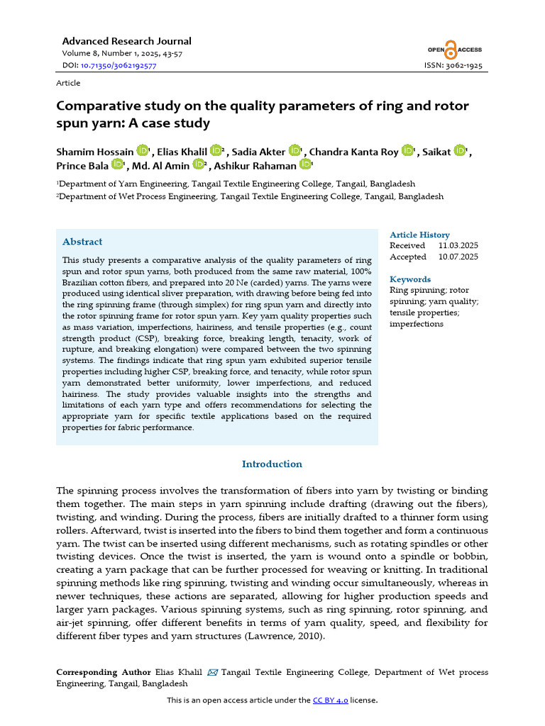 Ring vs. Rotor Spun Yarn Quality Analysis | PDF | Spinning (Textiles ...