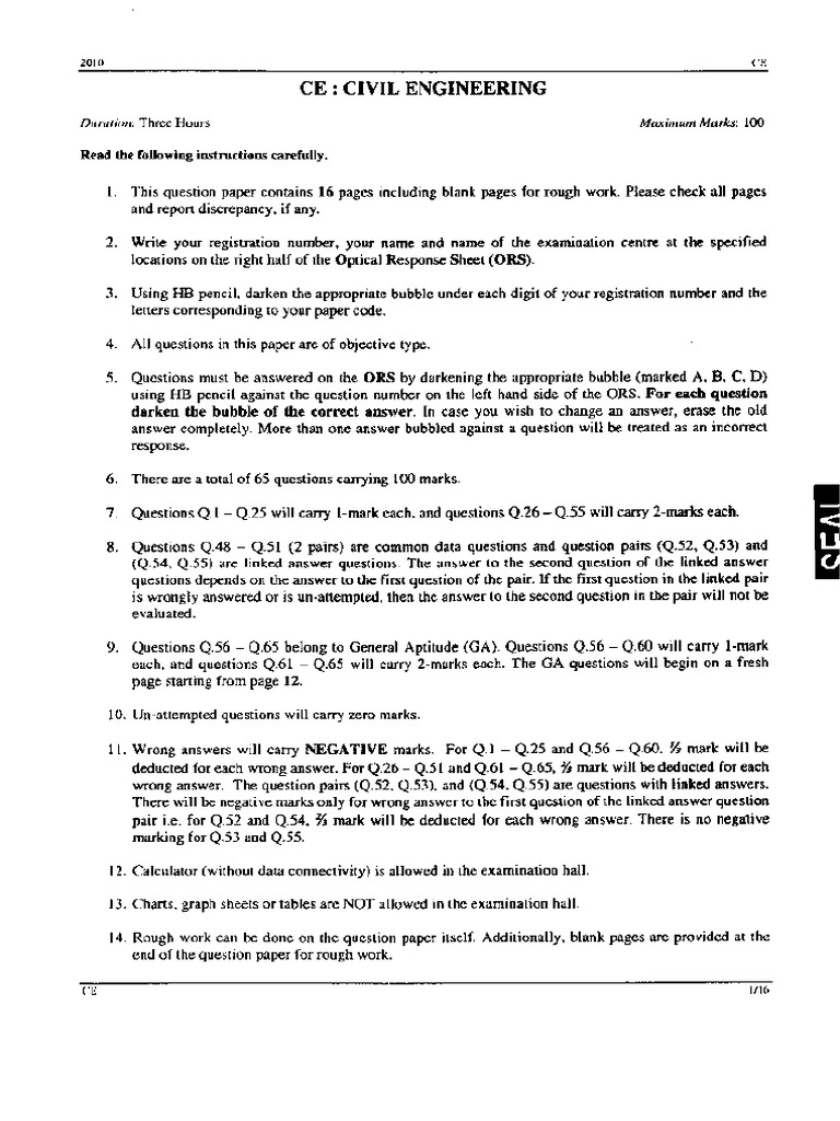 2010 Civil Engineering Question Paper | PDF