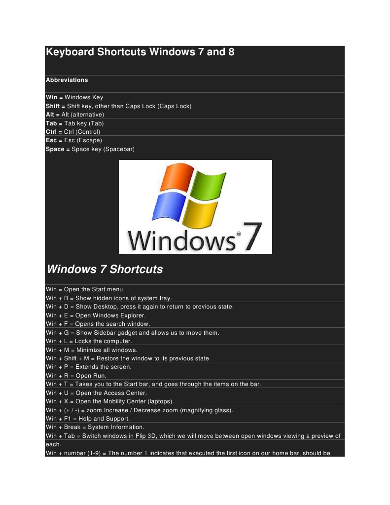 Keyboard Shortcuts Windows 7 and 8 | Download Free PDF | Keyboard ...