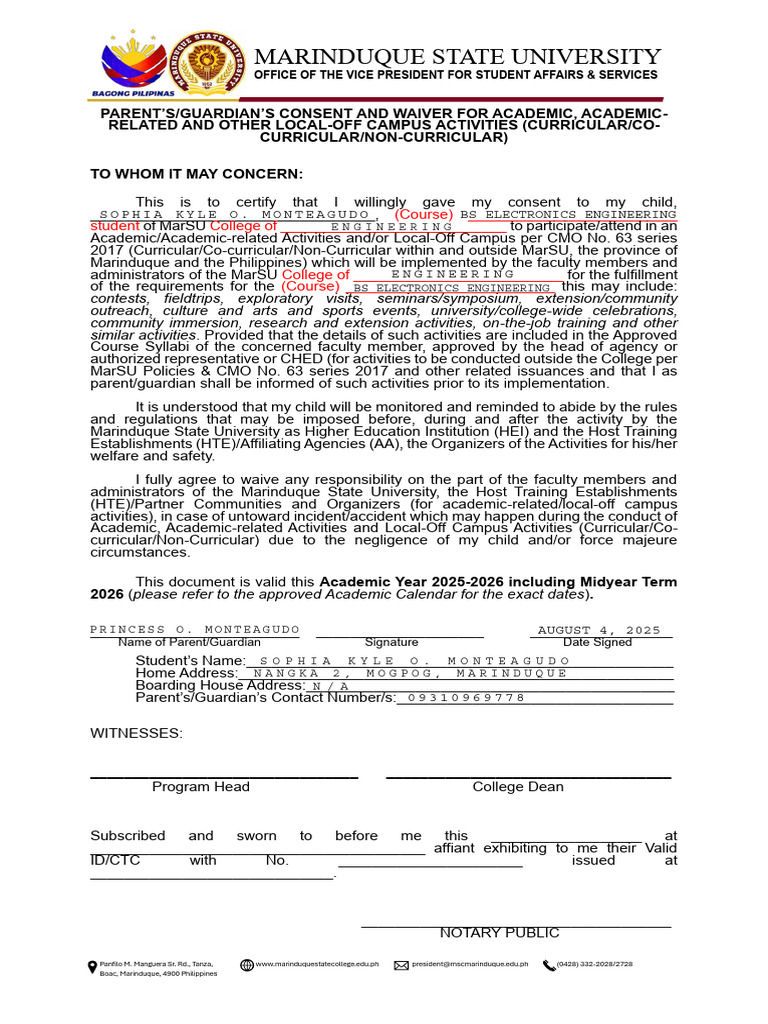 Parent Consent for Student Activities | PDF | Higher Education